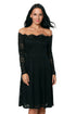 Sexy Black Long Sleeve Floral Lace Boat Neck Cocktail Swing Dress